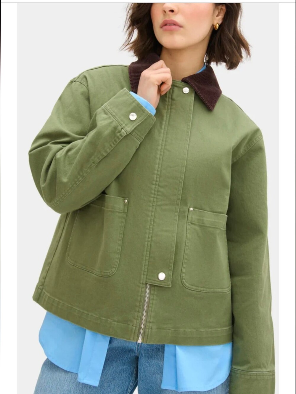 Aligne Madi Cropped Olive Barn Coat with Brown Corduroy Collar NWOT 14